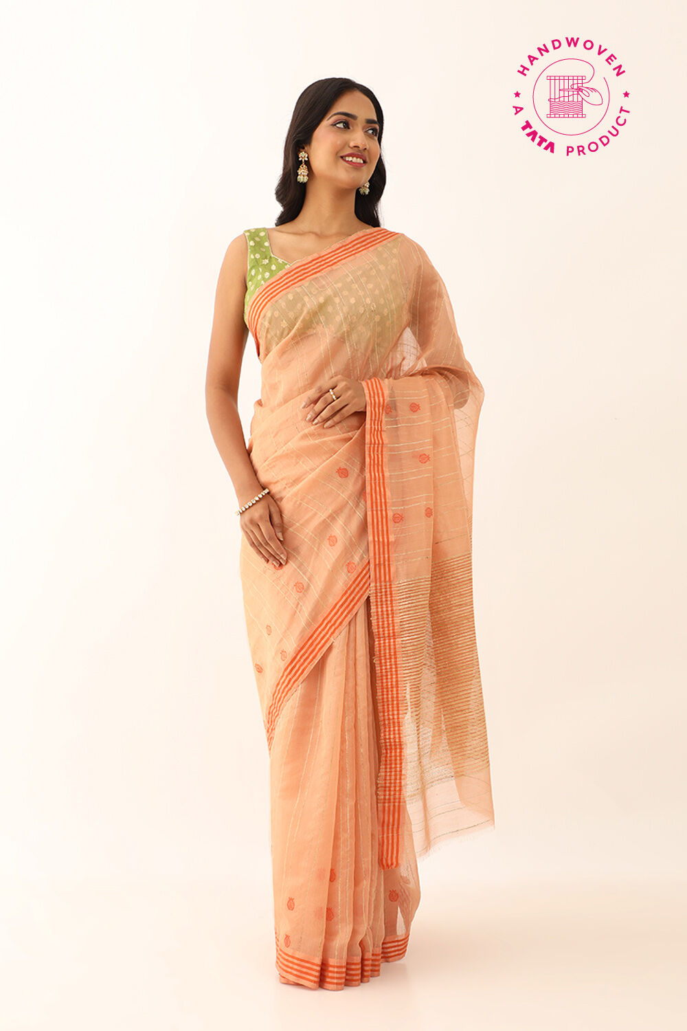 Light Orange Pure Silk Cotton Woven Chanderi Saree image number null