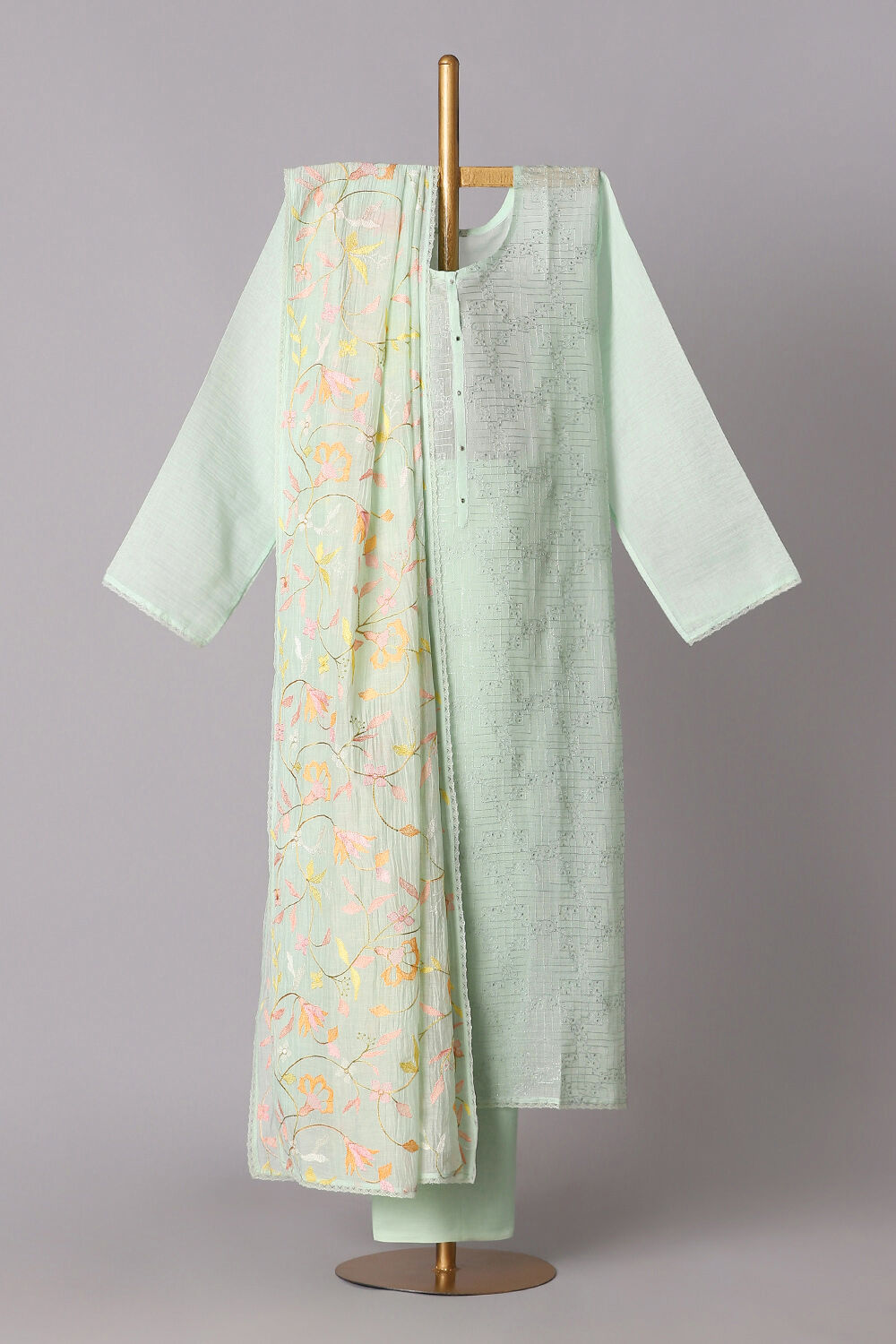Light Blue Silk Cotton Embroidered Semistitched Suit Set image number null