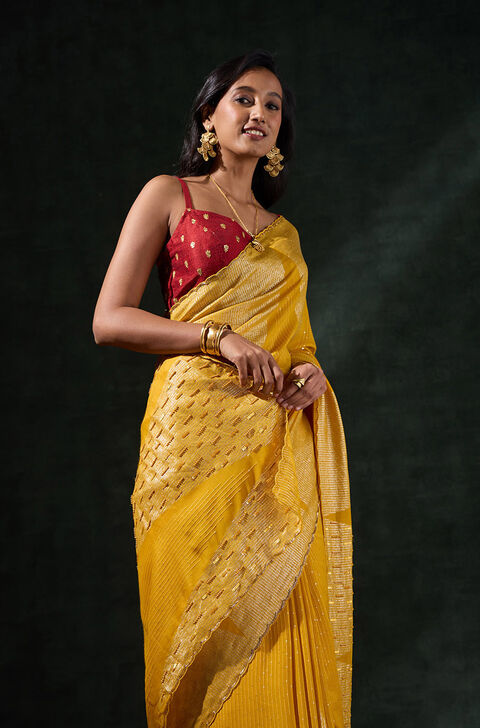 Yellow Viscose Embroidered Saree