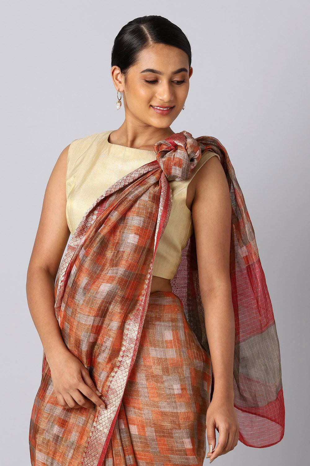 Light Orange Pure Silk Linen Digital Printed Saree image number null