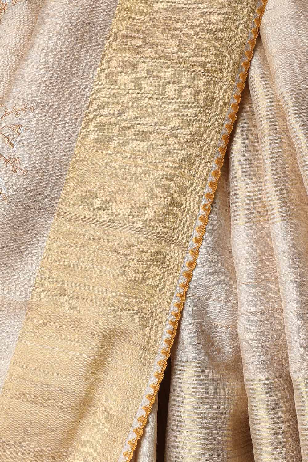 Beige Pure Tussar Silk Embroidered Saree image number null