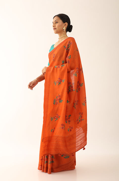 Orange Printed Pure Tussar Silk Saree