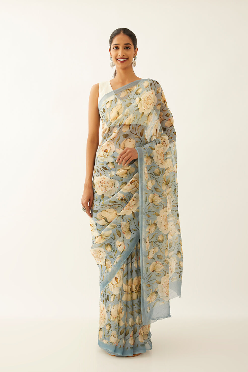Blue Viscose Organza Digital Printed Saree image number null