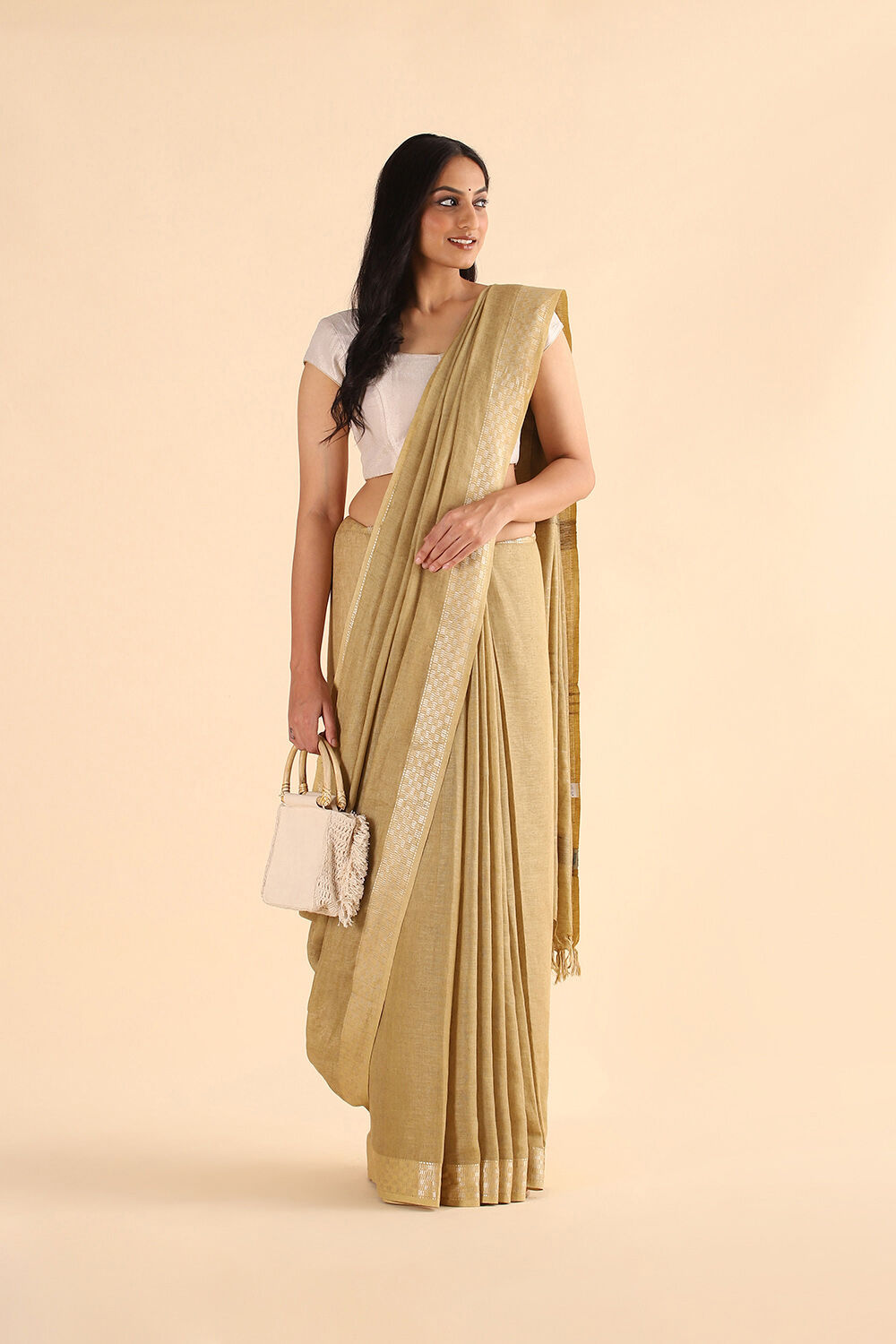 Beige Pure Linen Bhagalpuri Saree image number null