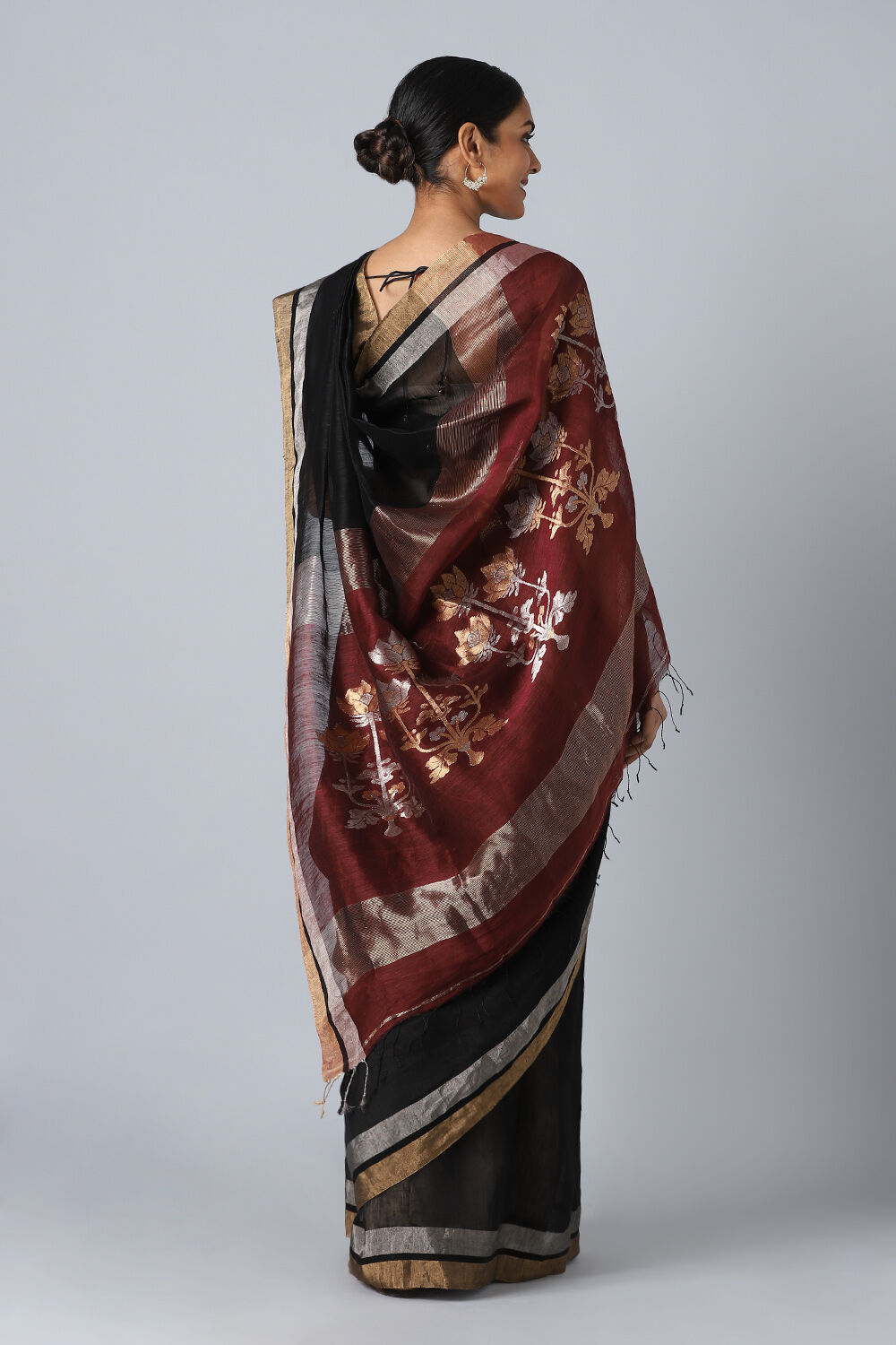 Black Pure Silk Linen Jamdani Saree image number null