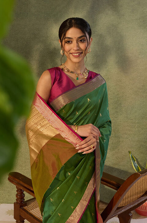 Green Silk Viscose Cutwork Banaras Inspired Design Saree