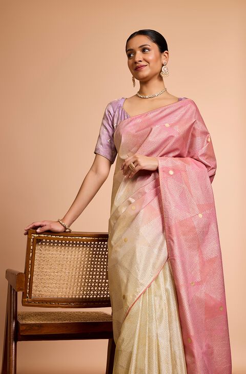 Off White Block Printed Pure Tissue Organza Saree