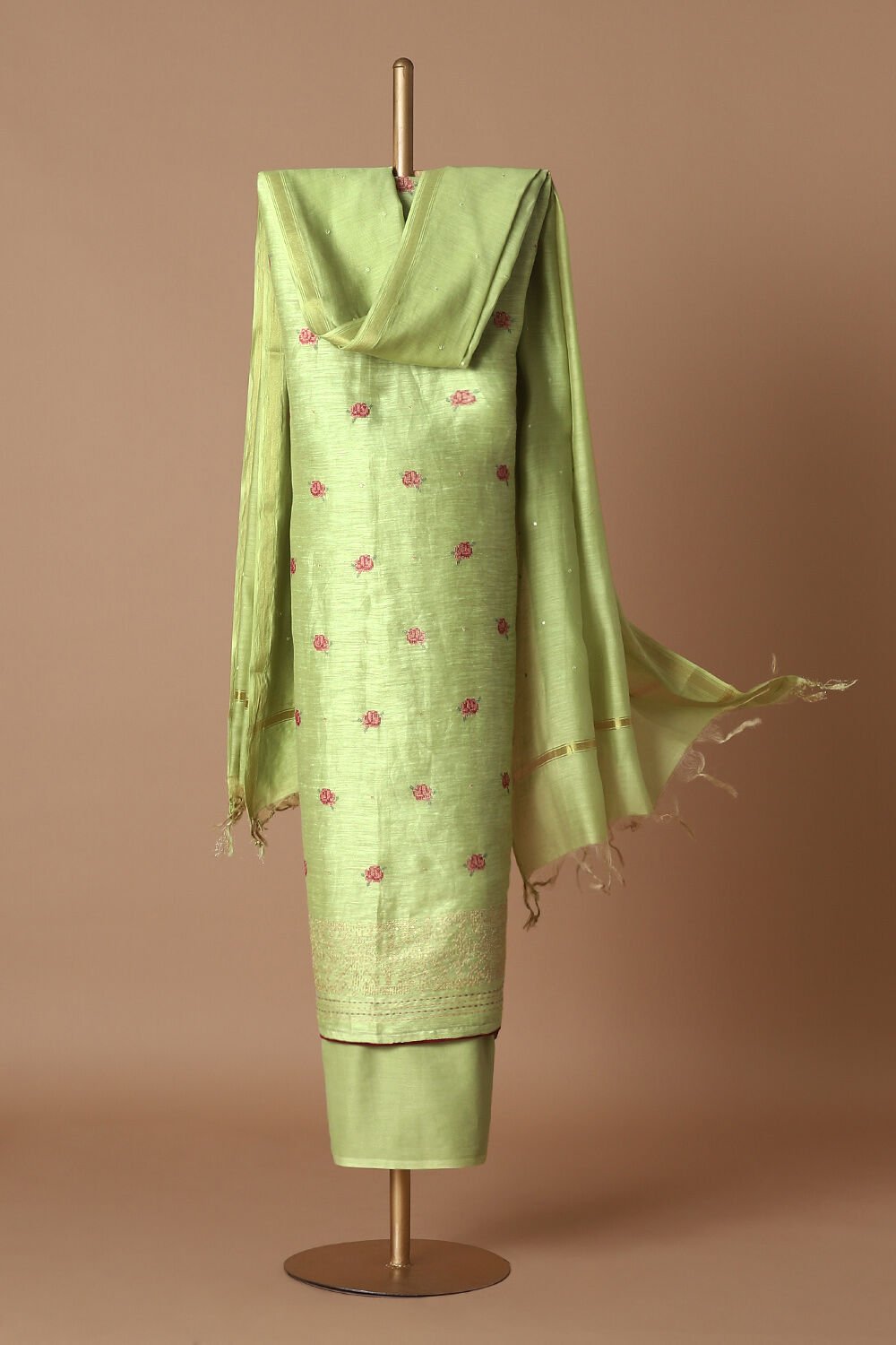 Light Green Silk Linen Embroidered Unstitched Suit Set image number null