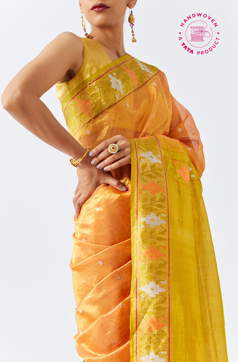 Light Orange Pure Organza Tissue Kanjivaram Saree