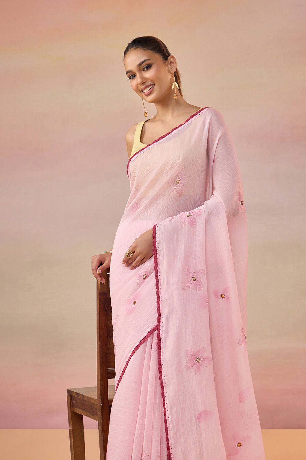 Light Pink Bengal Pure Silk Cotton Hand Painted Embroidered Saree image number null
