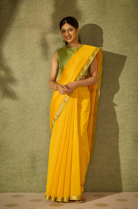 Yellow Woven Pure Silk Cotton Maheshwar Saree