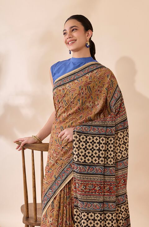 Yellow Printed Kalamkari Machilipatnam Pure Cotton Saree