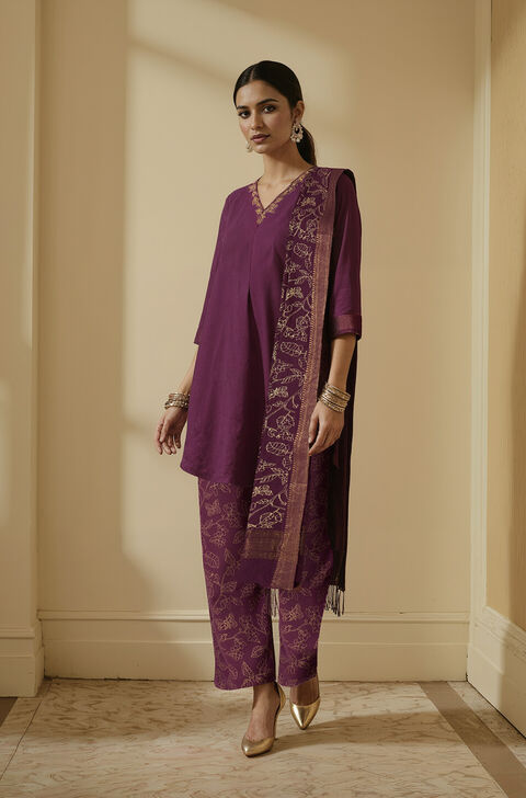 Purple Pure Cotton Embroidered Kurta Set