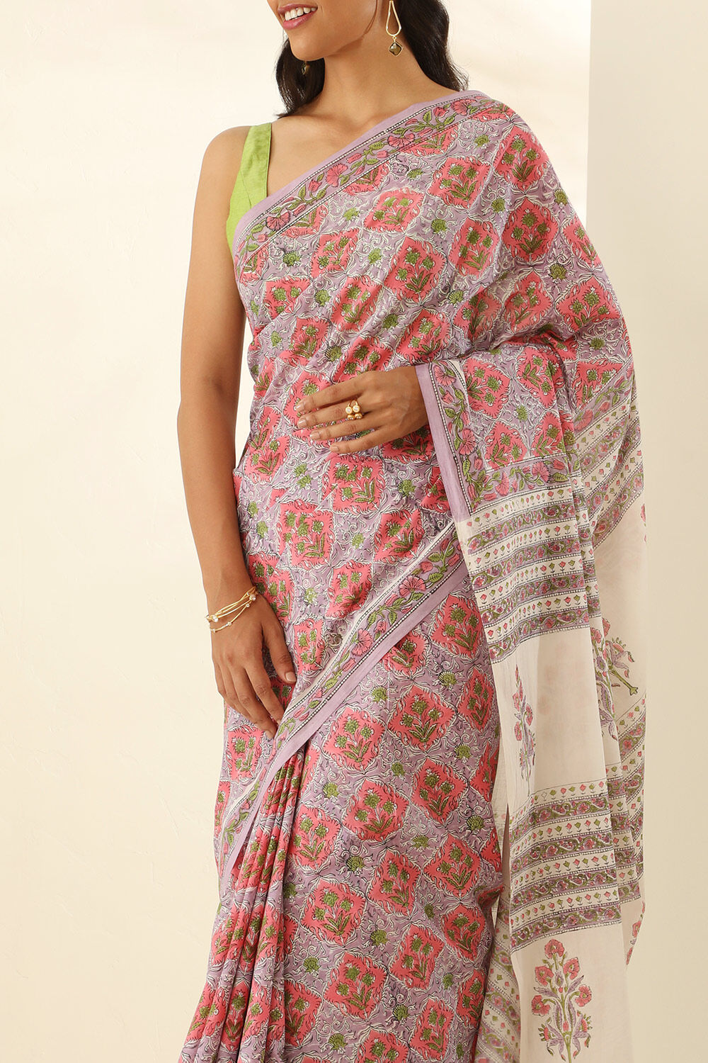 Light Violet Pure Cotton Bagru Block Printed Saree image number null