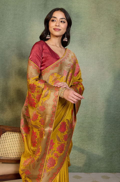 Yellow Woven Viscose Tissue Saree