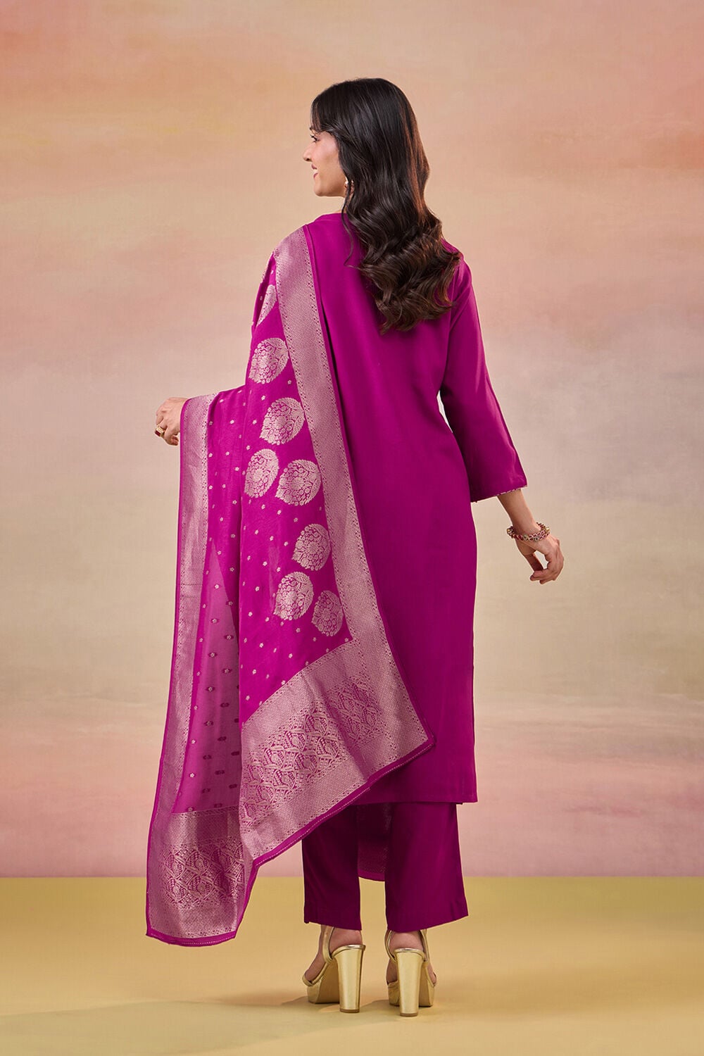 Violet Brocade Pure Viscose Kurta Set image number null