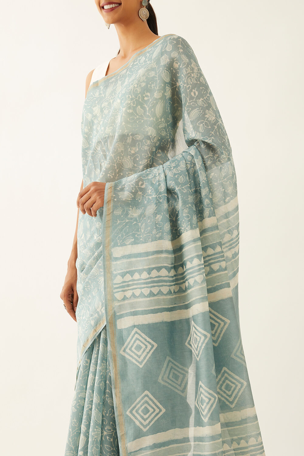 Grey Pure Silk Cotton Dabu Printed Saree image number null