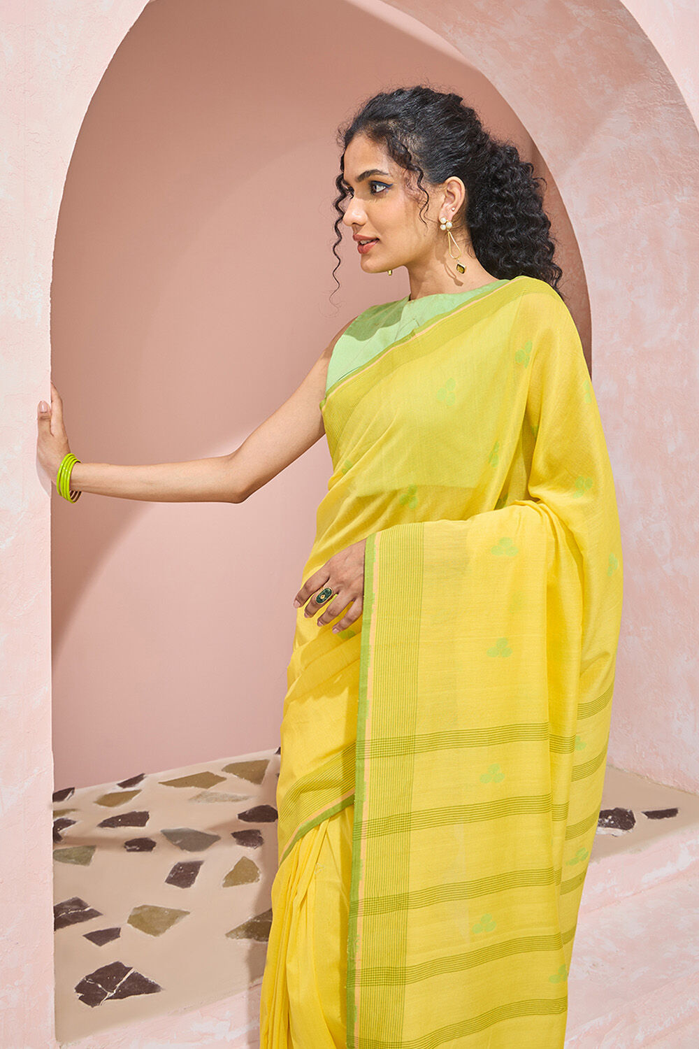 Yellow Cutwork Pure Cotton Bengal Saree image number null