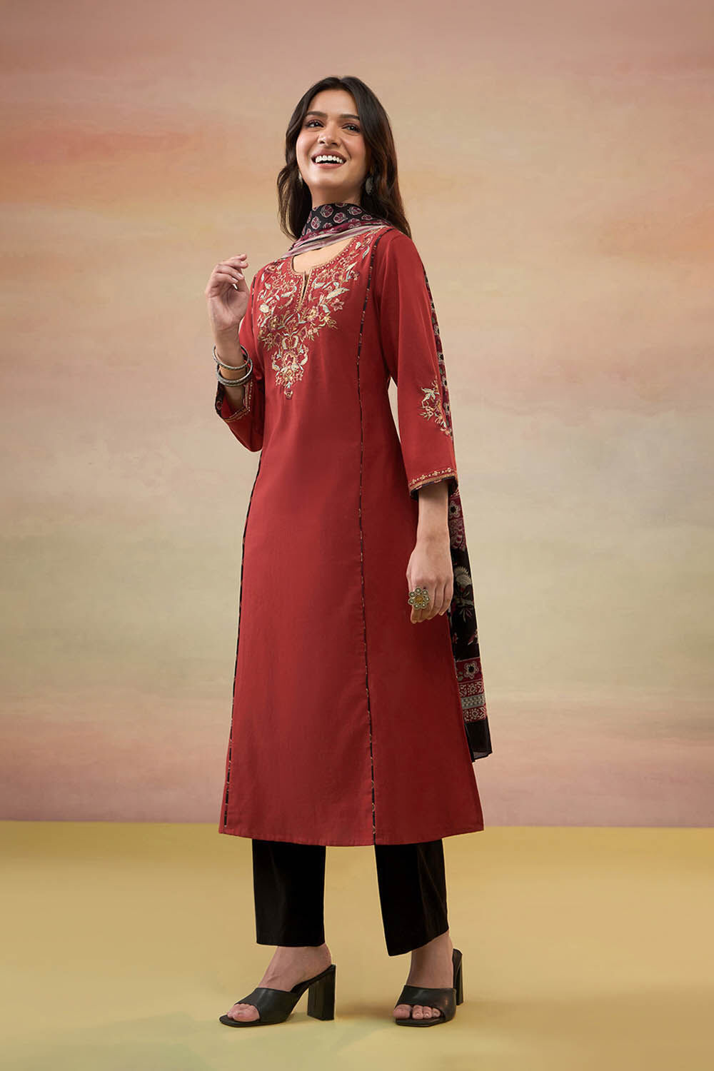 Dark Red Pure Cotton Embroidered Kurta Set image number null