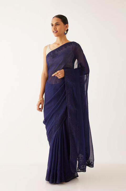 Blue Viscose Organza Applique Saree