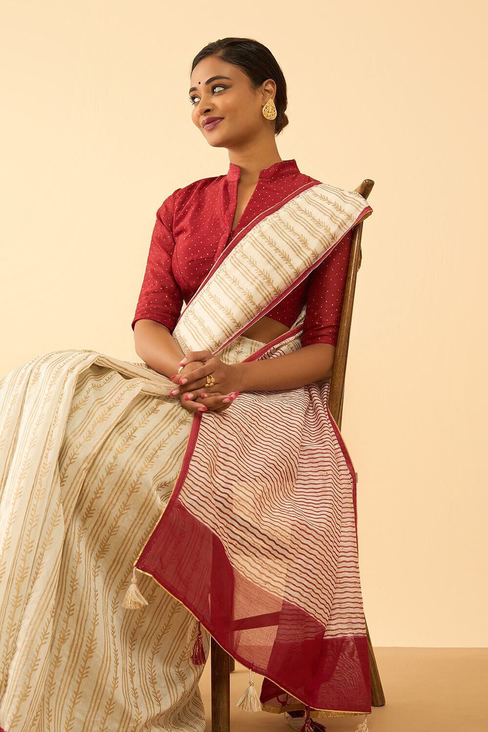 Off White Block Printed Pure Silk Cotton Saree image number null