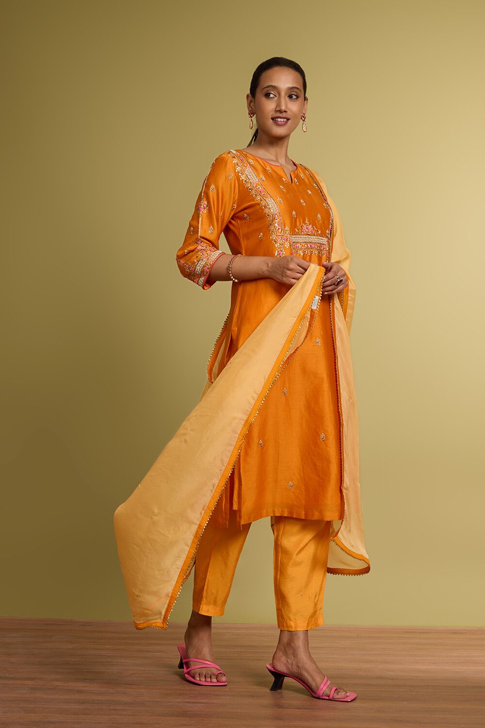 Orange Pure Silk Cotton Embroidered Kurta Set image number null