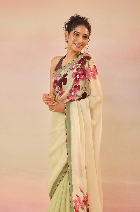 Light Green Viscose Organza Embroidered Saree