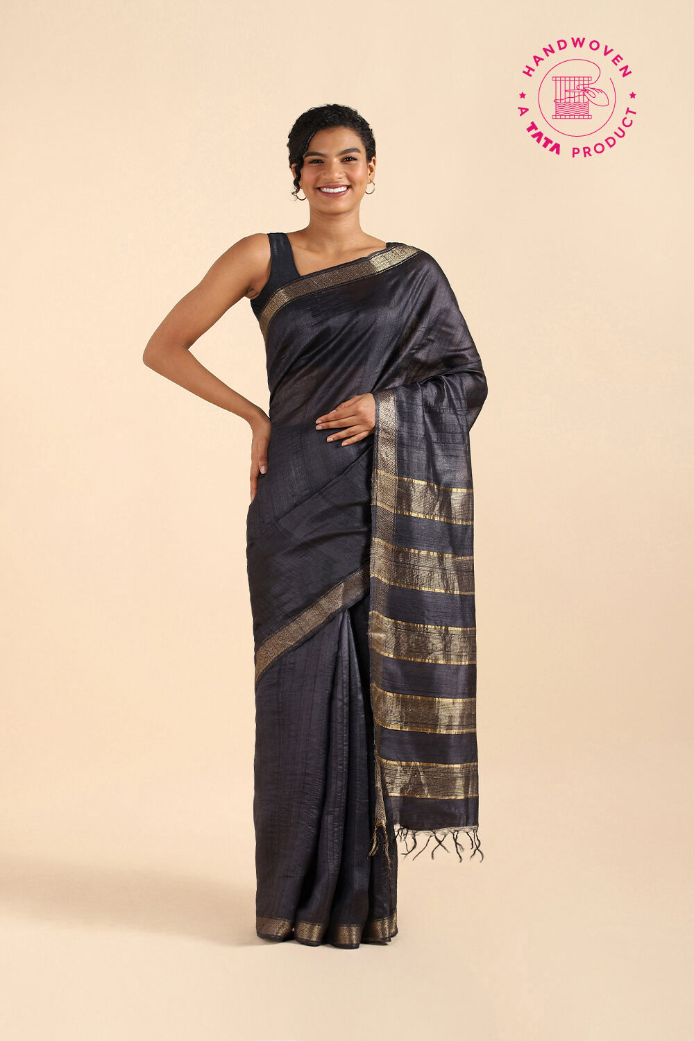 Black Pure Tussar Silk Bhagalpuri Saree image number null