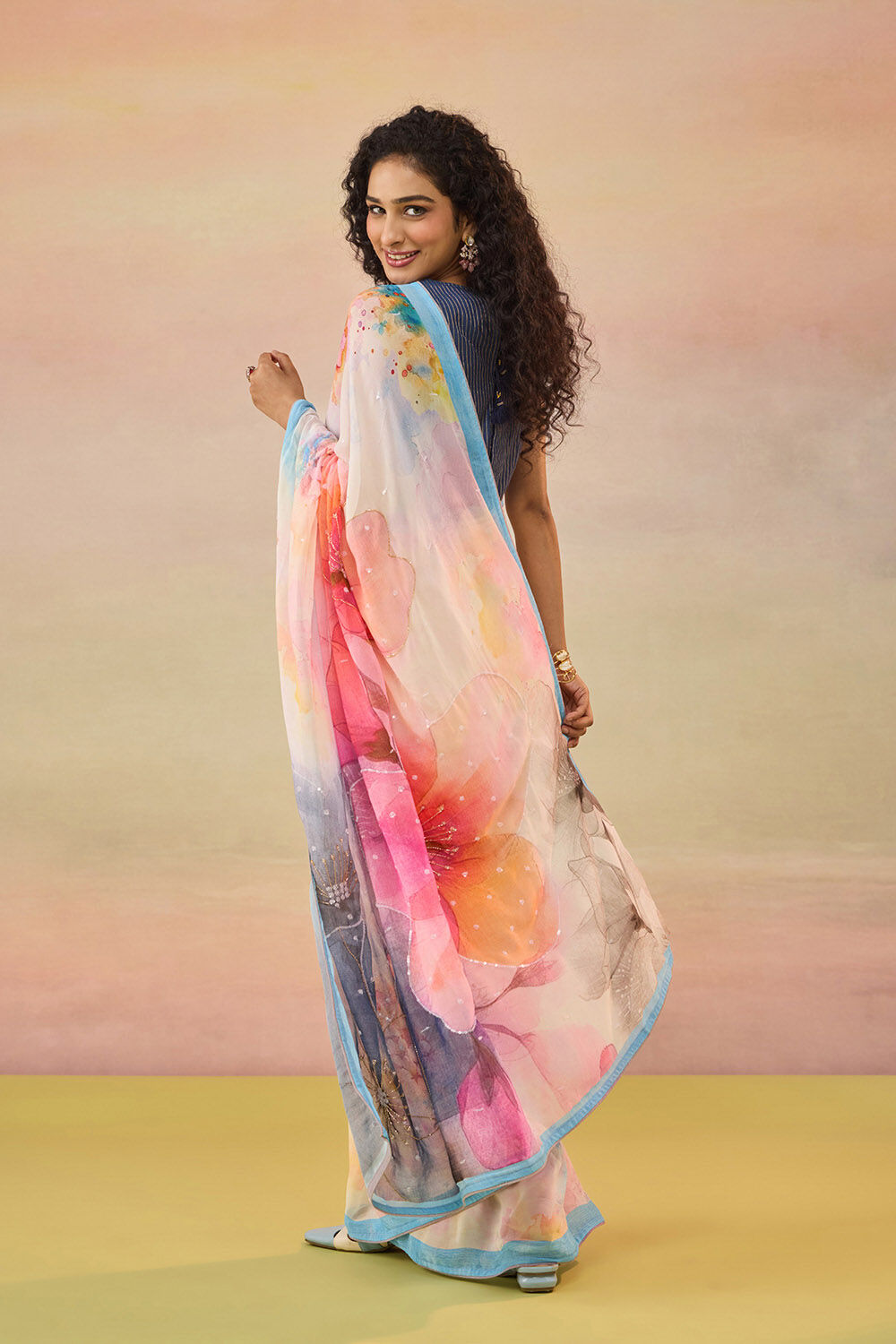Light Pink Bengal Printed Embroidered Viscose Georgette Saree image number null