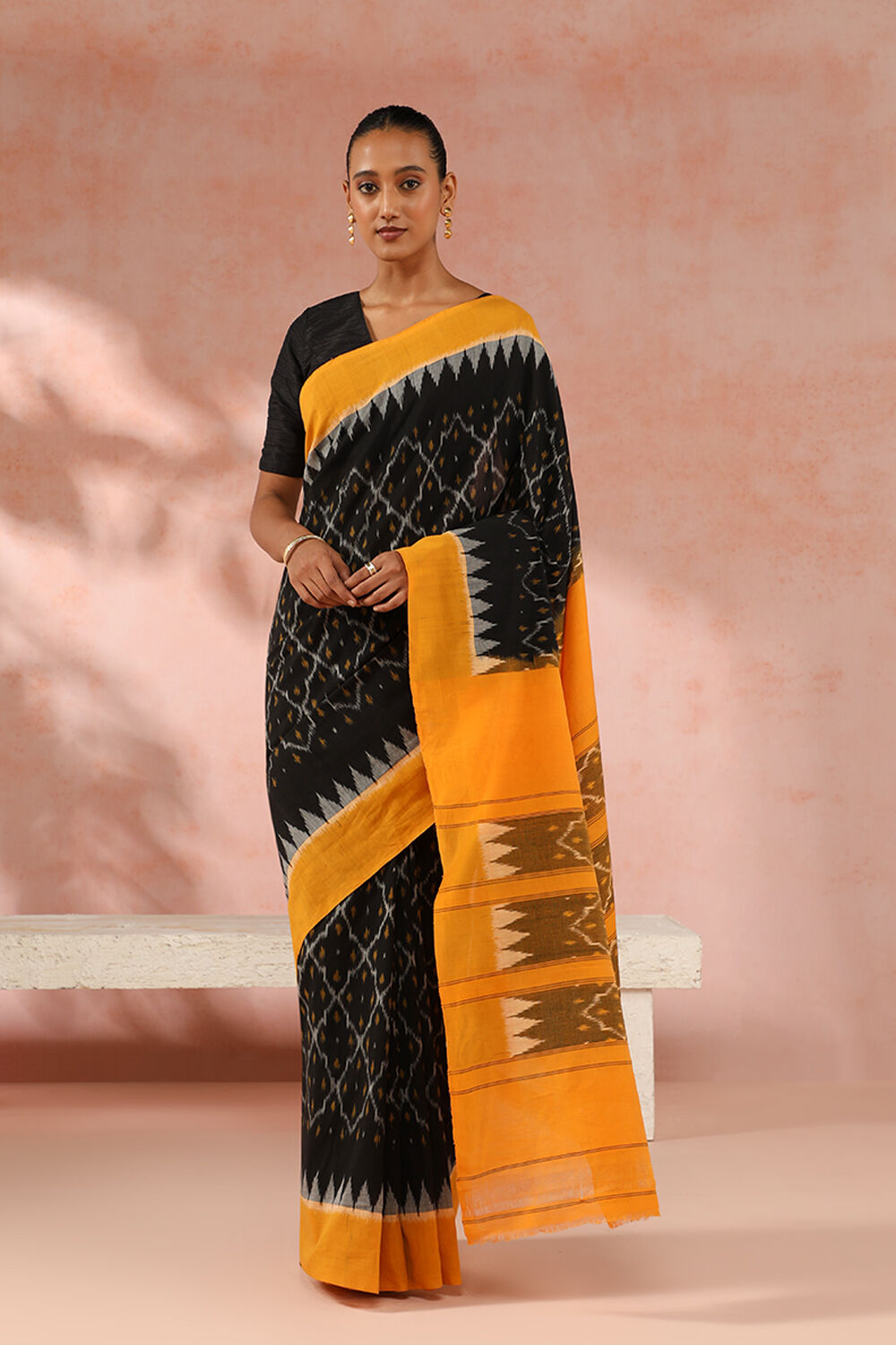Black Pure Cotton Pochampalli Ikat Saree image number null