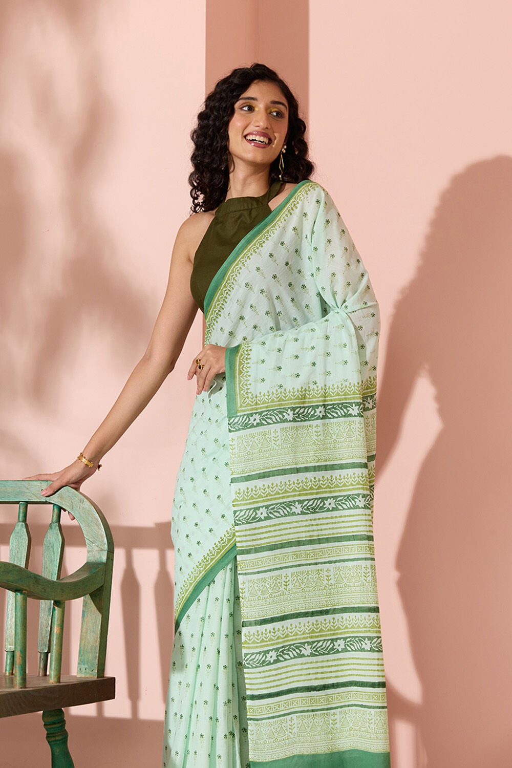 Light Green Block Printed Pure Cotton Bengal Saree image number null
