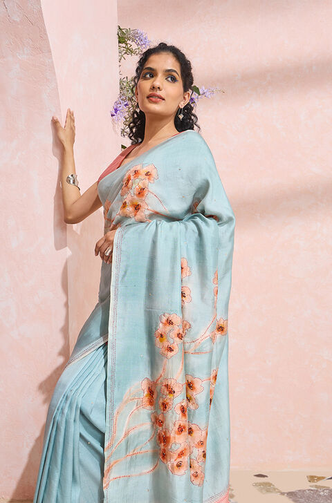 Light Blue Bengal Pure Silk Hand Painted Saree