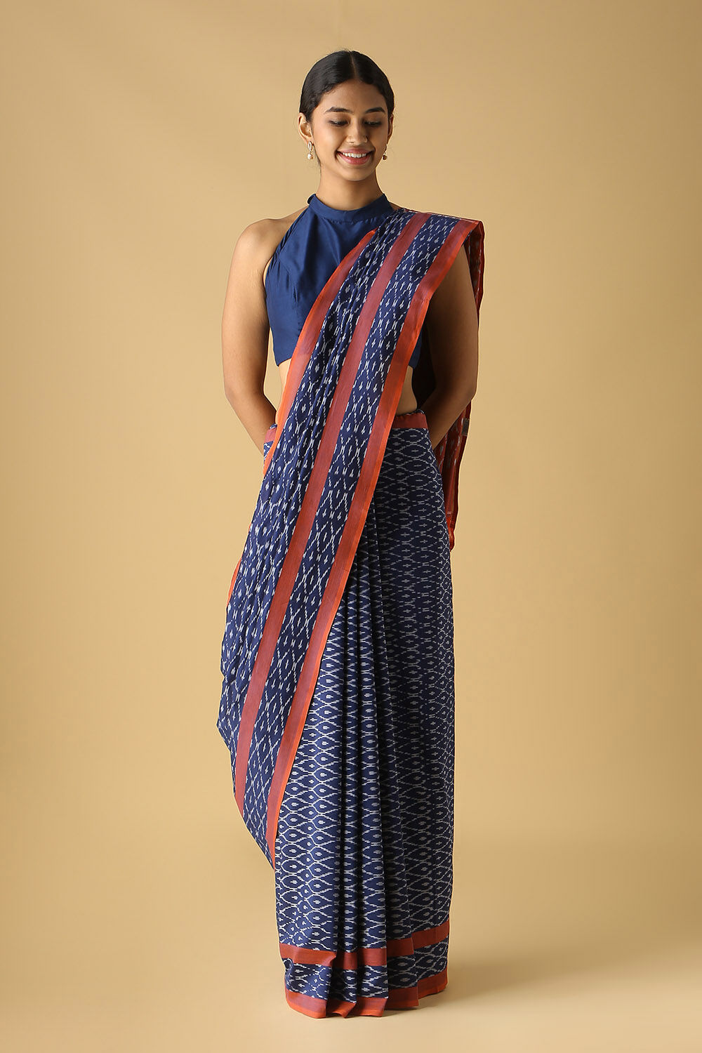 Dark Blue Cotton Pochampalli Ikat Saree image number null