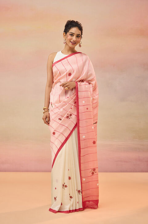 Light Pink Pure Silk Block Printed Chattisgarh Saree
