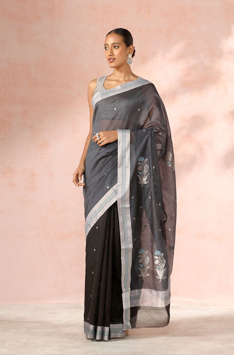 Black Chanderi Pure Silk Cotton Woven Saree