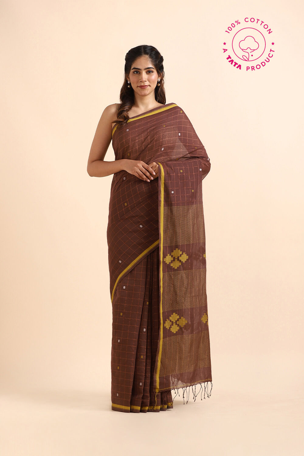 Brown Pure Cotton Jamdani Saree image number null