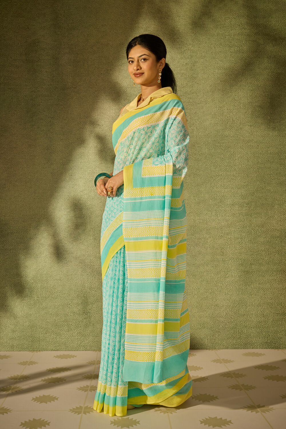 Light Blue Pure Cotton Block Printed Bengal Saree image number null
