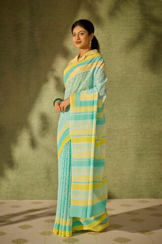 Light Blue Pure Cotton Block Printed Bengal Saree thumbnail image number null