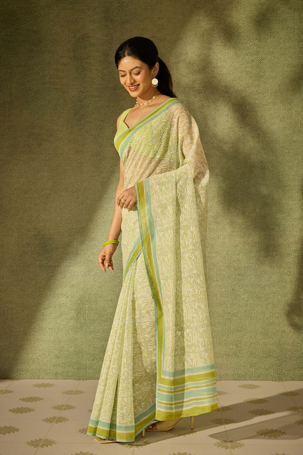 Light Green Rajasthan Pure Silk Cotton Printed Sanganeri Saree image number null