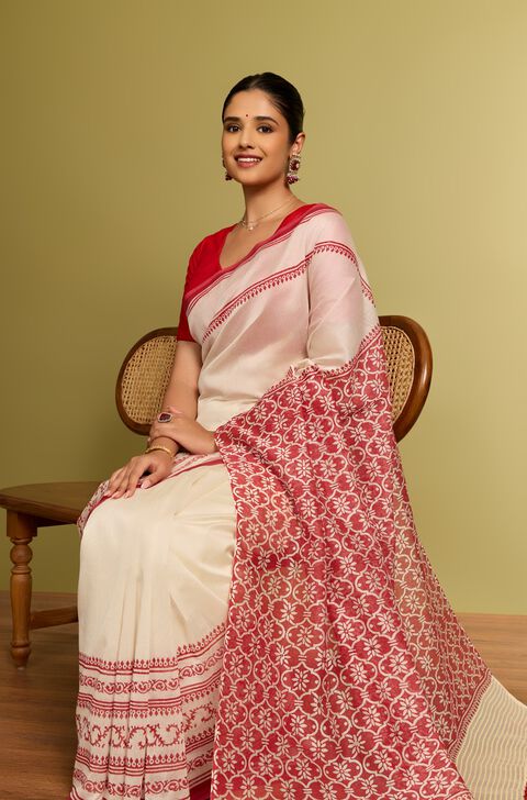 Off White Pure Silk Cotton Block Printed Bengal Saree