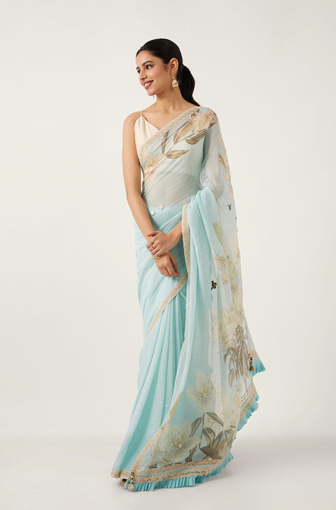 Light Blue Pure Silk Cotton Digital Printed Saree