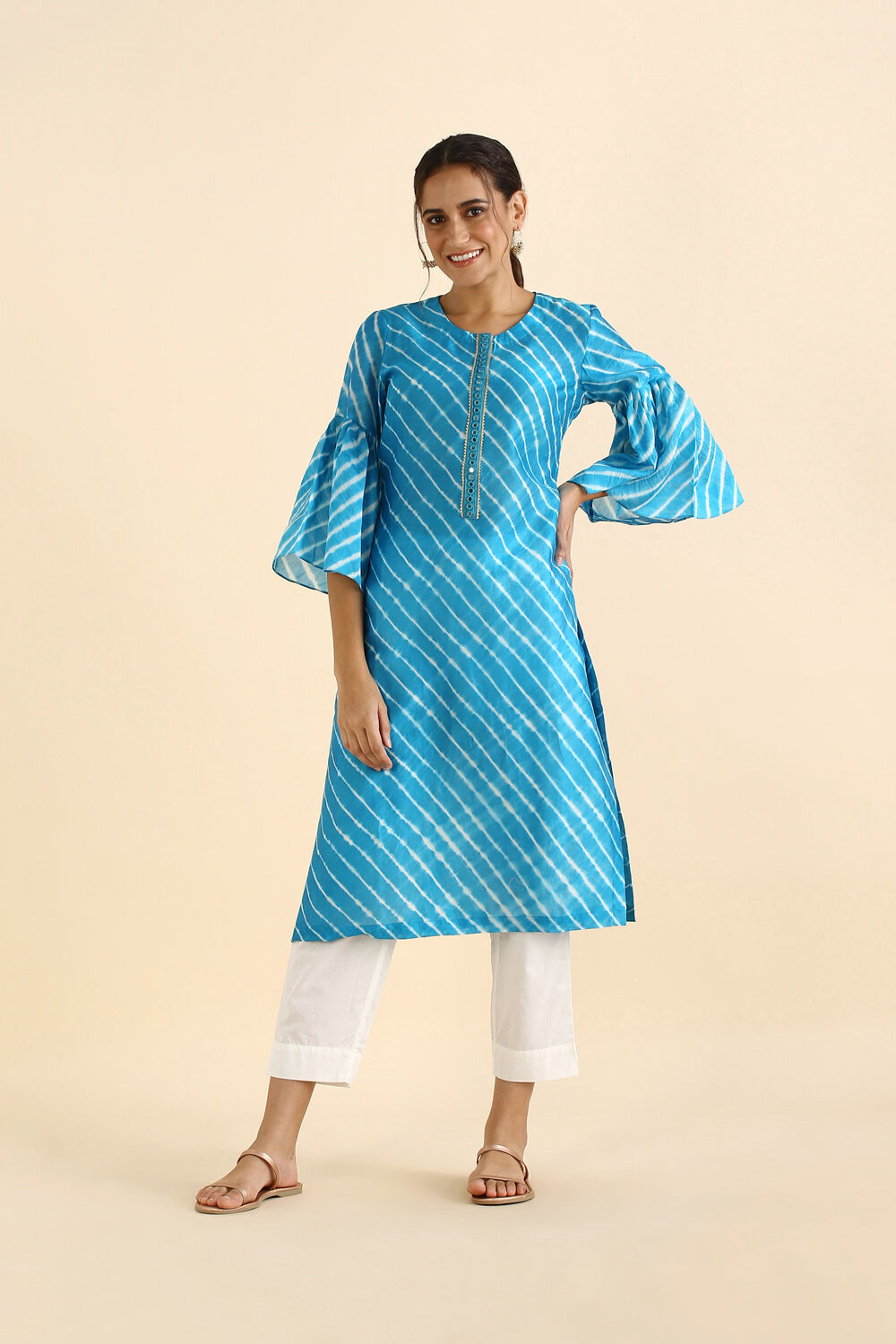 Light Blue Silk Cotton Mirror Work Kurta image number null