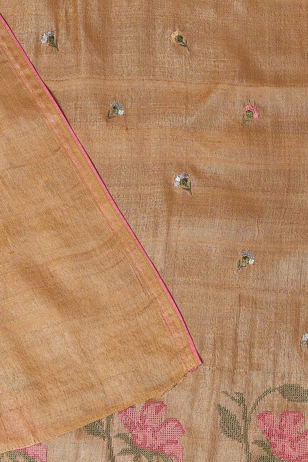 Light Orange Tussar Embroidered Unstitched Suit Set image number null