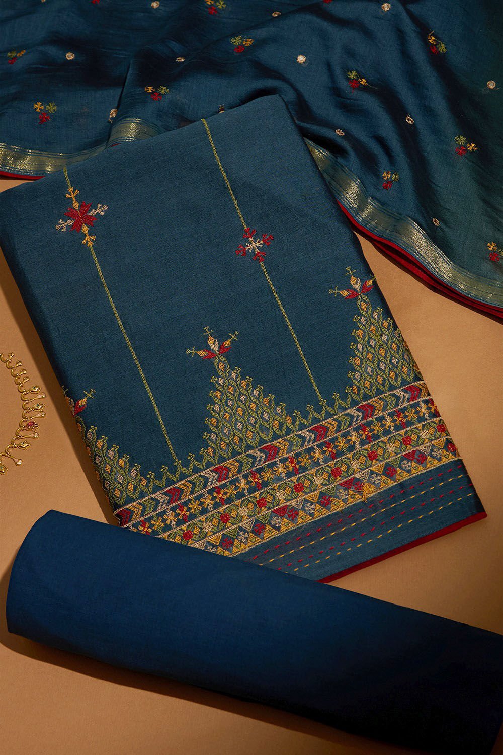 Dark Blue Pure Silk Cotton Embroidered Unstitched Suit Set image number null