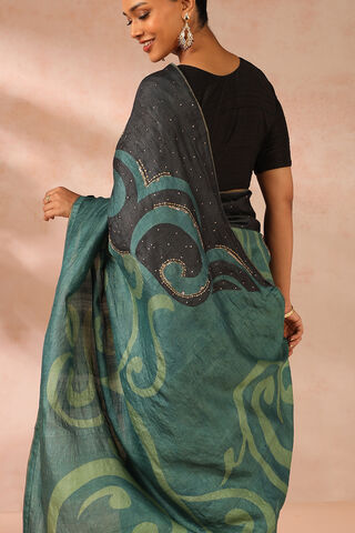 Green Pure Tussar Silk Hand Painted Saree thumbnail image number null