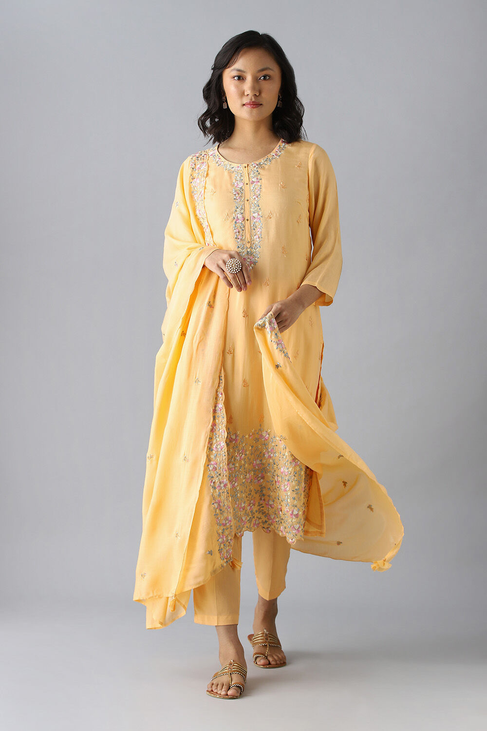 Light Orange Embroidered Viscose Kurta Set image number null