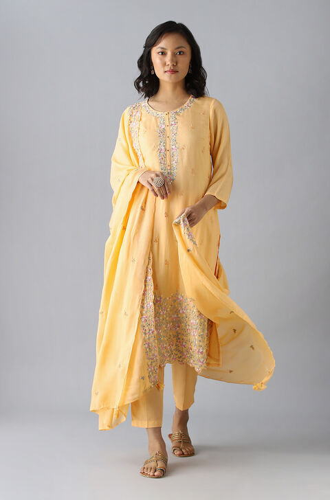 Light Orange Embroidered Viscose Kurta Set