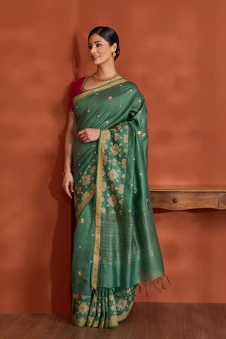 Dark Green Bengal Pure Silk Linen Embroidered Saree thumbnail image number null