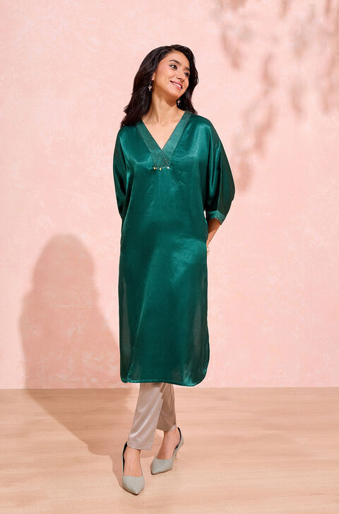 Green Woven Cotton Viscose Kurta