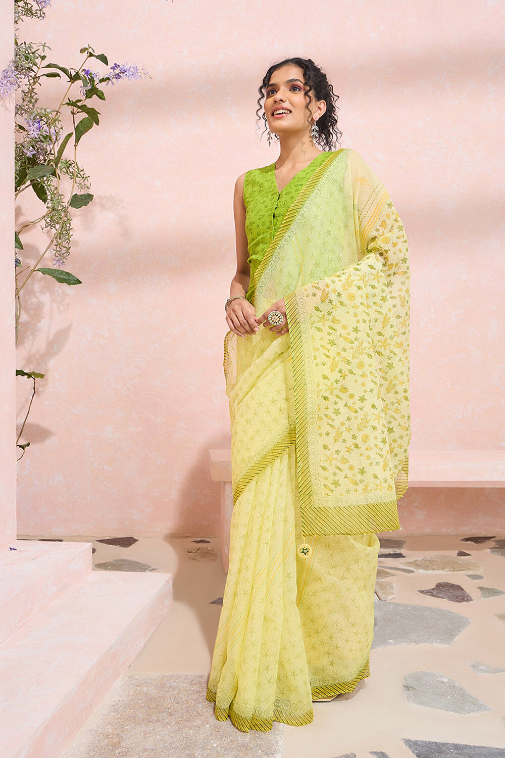 Light Yellow Bengal Pure Cotton Kota Printed Embroidery Saree image number null